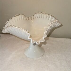 Fenton Silvercrest White Ruffled Pedestal Milkglass Bowl Silver Crest Glass